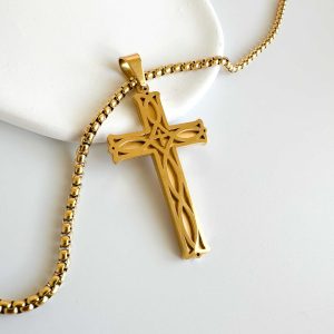 Pánsky pozlátený náhrdelník SETH z chirurgickej ocele s príveskom kríža SINARI