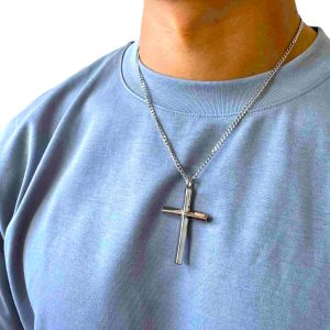 Pánsky strieborný náhrdelník LEN z chirurgickej ocele s príveskom kríža SINARI 3